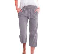 Yanhalo Pantacourt d'été décontracté 2024 avec cordon de serrage, taille haute, élastique, en lin, jambe droite, capris de détente pour femme, gris clair, 50