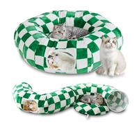 Yaning Tunnel pour chat d'intérieur - Jolie grotte pour chat avec boules pendantes, lit en forme de donut à carreaux avec tapis circulaire pour chiot, chaton, lapin, vert/blanc