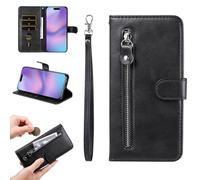 YANJIEER Coque Portefeuille pour Realme C31 4G, Étui Cuir PU à Rabat avec Fermeture Éclair, Porte-Cartes, Dragonne, Fermeture Magnétique, Support, Antichoc Case Noir