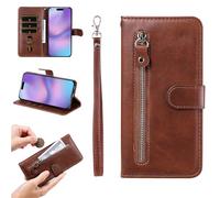 YANJIEER Coque Portefeuille pour Realme C31 4G, Étui Cuir PU à Rabat avec Fermeture Éclair, Porte-Cartes, Dragonne, Fermeture Magnétique, Support, Antichoc Case Marron