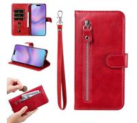 YANJIEER Coque Portefeuille pour Realme C31 4G, Étui Cuir PU à Rabat avec Fermeture Éclair, Porte-Cartes, Dragonne, Fermeture Magnétique, Support, Antichoc Case Rouge