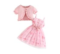 Yanmucy Lot de 2 robes pour petites filles avec cardigan - 2 pièces - Robe bouffante à manches courtes - Vêtements d'été pour enfants de 2 à 8 ans (DE/NL/SE/PL, âge, 5 ans, taille régulière, rose