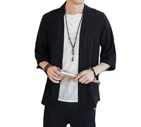 YANQSHM Veste Kimono Homme, Cardigan Kimono en Coton et Lin Homme Veste Ouverte sur Le Devant Manches Sept Coupe Ample Léger Décontracté Chemise Japonaise D'Été pour Quotidien Rendez Vous Vacan