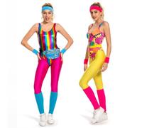 YANVS Costume de fitness des années 80 pour femme, ensemble de 6 pièces, combinaison colorée, vêtements d'aérobic, vêtements de yoga et de sport, rose, M
