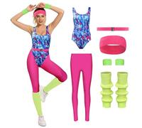 YANVS Costume de Fitness des Années 80 pour Femme - Ensemble de 6 Pièces Multicolore - Jumpsuit Vintage - Aérobic - Vêtements de Yoga - Pantalon de Sport, lilas, XXL
