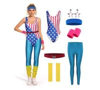 YANVS Costume de Fitness des Années 80 pour Femme - Ensemble de 6 Pièces Multicolore - Jumpsuit Vintage - Aérobic - Vêtements de Yoga - Pantalon de Sport, bleu, L