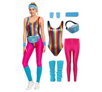 YANVS Costume de Fitness des Années 80 pour Femme - Ensemble de 6 Pièces Multicolore - Jumpsuit Vintage - Aérobic - Vêtements de Yoga - Pantalon de Sport, Rose, XXXL