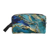 YANYU Azurite Trousse de toilette de voyage à fermeture éclair avec poignées Motif marbre à l'huile Bleu sarcelle et feuille d'or, blanc, One Size