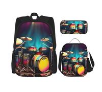 YANYU Cool Drums Ensemble de trousse à crayons imprimée légère et décontractée Sac à dos Sac à déjeuner Sac de voyage de grande capacité, noir, taille unique, noir, taille unique, Noir , Taille unique