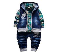 Yao Printemps Automne bébé garçons 3 pièces Ensemble de vêtements Chemise en Coton Jean Denim Gilet （4-5 Ans, Vert）