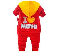 Yao Sweat à capuche en coton pour petite fille I Love Mama T-shirt à manches longues et pantalon 3 pièces de vêtements (Rouge vif, 2-3A)