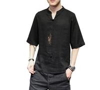 YAODAMAI T-Shirt décontracté à Manches Courtes en Lin de Style Chinois pour Hommes, avec Broderie de Couleur Unie.