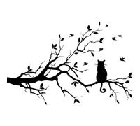 YAODANGM Sticker mural nature : Chat sur une branche, motif d'oiseau, sticker mural en vinyle, décoration de chambre, décoration murale artistique