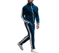 YAOGRO Ensemble de survêtement en velours : survêtement de jogging pour homme avec fermeture éclair intégrale, veste décontractée, pantalon 2 pièces, tenue athlétique, bleu, Medium