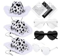 YAOGUI Lot de 9 chapeaux de cowboy imprimé vache pour adulte - Accessoires photo de banquet en plein air - Chapeau de cowboy avec lunettes de soleil en forme de cœur + mouchoir pour femme - Cœur pour