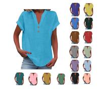 YAOJIWANG Chemisier Femme Coton et Lin Chemise Col en V Manches Courtes T-Shirt Grande Taille Pas Cher Blouse Lâche Respirant Chemise Chic et Élégant Tee Shirt Couleur Uni Tops Tunique Blouse S-5XL