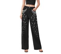 YAOJIWANG Jean Larges Femme Taille Haute Jeans Décontracté Droit Elastique Décoration de Perles Pantalon Chic Elégant Droit Ample Pantalons Couleur Unie Extensibles Confortable avec Poches