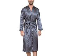 YAOMEI Légères Satin Robes de Chambre et Kimonos Peignoir pour Homme, Longues Ensemble de Pyjama Vêtement de Nuit Pyjama Robe de Chambre Peignoir de Bain Kimonos avec Ceinture et Poches (XL, Gris)