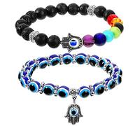 Yaomiao 2 Pcs Bracelets de Mauvais Œil, Main de Fatima, 7 Chakras, Perlé, Extensible, Pierres Précieuses, Main de Hamsa, Guérison, Cristaux de Protection, Bonne Chance