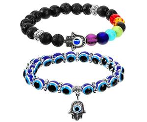 Yaomiao 2 Pcs Bracelets de Mauvais Œil, Main de Fatima, 7 Chakras, Perlé, Extensible, Pierres Précieuses, Main de Hamsa, Guérison, Cristaux de Protection, Bonne Chance