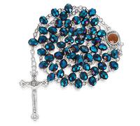 Yaomiao Collier Catholique en Perles de Cristal Bleu Chaîne en Argent de Chapelet Collier de Pendentif de Crucifix Collier de Prière du Rosaire Collier de la Sainte Croix pour Bijoux Femmes Hommes