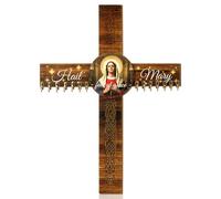 Yaomiao Porte-chapelet en bois à fixation murale avec 14 crochets en forme de croix catholique, organisateur de rangement décoratif pour collier, bracelet, rangement de prière, 40,6 x 30,5 cm