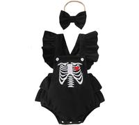 Yaopelky Costume d'Halloween pour bébé - Grenouillère pour nouveau-né - Mignon citrouille - Squelette - Vêtement à manches à volants - Corset avec bandeau (noir, 0-3 mois)
