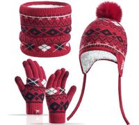 Yaopelky Ensemble de 3 pièces d'hiver pour enfants de 3 à 8 ans avec bonnet et gants doublés en polaire avec pompon pour écran tactile Fair-Isle