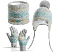 Yaopelky Ensemble de 3 pièces d'hiver pour enfants de 3 à 8 ans avec bonnet et gants doublés en polaire avec pompon pour écran tactile Fair-Isle