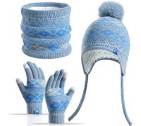 Yaopelky Ensemble de 3 pièces d'hiver pour enfants de 3 à 8 ans avec bonnet et gants doublés en polaire avec pompon pour écran tactile Fair-Isle