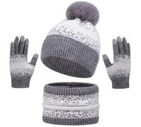 Yaopelky Ensemble de bonnet, écharpe et gants pour femme - Bonnet d'hiver avec tour de cou et gants tactiles - Écharpe doublée en polaire avec pompon pour adultes, gris, taille unique