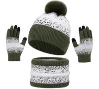 Yaopelky Ensemble de bonnet, écharpe et gants pour femme - Bonnet d'hiver avec tour de cou et gants tactiles - Écharpe doublée en polaire avec pompon pour adultes, Vert, taille unique