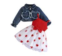 Yaopelky Lot de 2 robes de princesse en tulle avec imprimé cœur et cardigan en jean pour bébé fille, Rouge, 2-3 ans