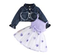 Yaopelky Lot de 2 robes de princesse en tulle avec imprimé cœur et cardigan en jean pour bébé fille, violet, 3-4 ans