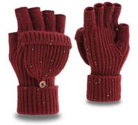 Yaopelky Mitaines d'hiver pour homme et femme - Mitaines tricotées à paillettes avec capuchon - Moufles thermiques convertibles, Rouge avec paillettes, One Size for most adults