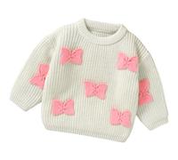 Yaopelky Pull en Tricot pour bébé Fille avec nœud Mignon pour Tout-Petits Filles Chaud col Rond Manches Longues, Blanc, 12-18 Mois