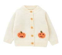 Yaopelky Pull en tricot pour bébé fille, motif citrouille, tenue d'Halloween pour fille, pull à manches longues, vêtements chauds pour l'automne et l'hiver, beige, 9-12 mois