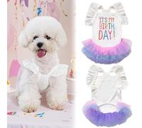 Yaopelky Robe d'anniversaire pour Chien C'est Mon Anniversaire Robe pour Chien Robes Tutu pour Petite Fille à Manches Courtes et Volants Vêtements pour Chiots Jupe en Tulle et Dentelle,Blanc,S