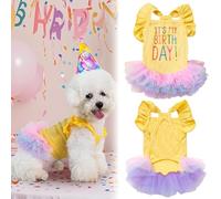 Yaopelky Robe d'anniversaire pour Chien C'est Mon Anniversaire Robe pour Chien Robes Tutu pour Petite Fille à Manches Courtes et Volants Vêtements pour Chiots Jupe en Tulle et Dentelle,Jaune,XXS