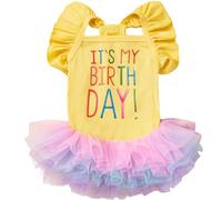 Yaopelky Robe d'anniversaire pour Chien C'est Mon Anniversaire Robe pour Chien Robes Tutu pour Petite Fille à Manches Courtes et Volants Vêtements pour Chiots Jupe en Tulle et Dentelle,Jaune,L
