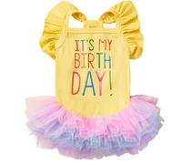 Yaopelky Robe d'anniversaire pour Chien C'est Mon Anniversaire Robe pour Chien Robes Tutu pour Petite Fille à Manches Courtes et Volants Vêtements pour Chiots Jupe en Tulle et Dentelle,Jaune,S