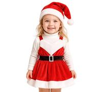 Yaopelky Robe de Noël pour Fille Jupe à Bretelles en Velours pour bébé Fille avec Bonnet Mignon ceinturé Robe de Noël pour bébé