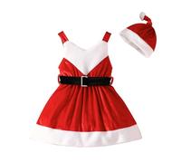 Yaopelky Robe de Noël pour Fille Jupe à Bretelles en Velours pour bébé Fille avec Bonnet Mignon ceinturé Robe de Noël pour bébé