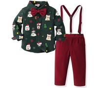 Yaopelky Tenue de Noël pour garçon avec imprimé chemise avec nœud papillon et porte-jarretelles et pantalon pour garçon, Chemise verte + pantalon rouge (imprimé animal), 4-5 ans