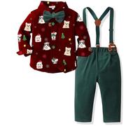 Yaopelky Tenue de Noël pour garçon avec imprimé chemise avec nœud papillon et porte-jarretelles et pantalon pour garçon, Chemise rouge + pantalon vert (imprimé animal), 3-4 ans