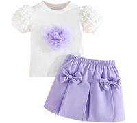 Yaopelky Tenue d'été 2 pièces pour Petite Fille, Ensemble Jupe Bouffante, Haut à Manches Courtes, Jupe plissée, vêtements de fête pour Fille, Violet, 4 Ans