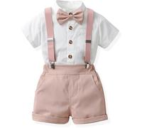 Yaopelky Tenue formelle pour enfant - Chemise à manches courtes - Nœud papillon - Short à bretelles - Costume de mariage pour garçon, rose, 2-3 Years