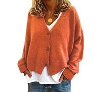 YAOTT Cardigan à col en V pour femmes Cardigan tricoté de couleur unie Veste à manches chauve-souris décontractée Automne Haut en tricot Veste courte chaude et confortable Orange L