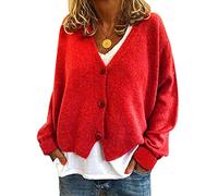 YAOTT Cardigan à col en V pour femmes Cardigan tricoté de couleur unie Veste à manches chauve-souris décontractée Automne Haut en tricot Veste courte chaude et confortable rouge L