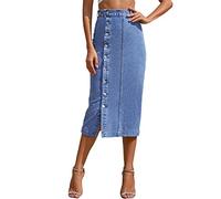 YAOTT Jupe Crayon en Jean Extensible Femme Jupe en Jean Taille Haute Fendue Boutonnée Jupes Demin Décontractés Élégant Printemps Eté Midi Jupe Casual Jupe Jean Longue avec Poches Bleu A XS